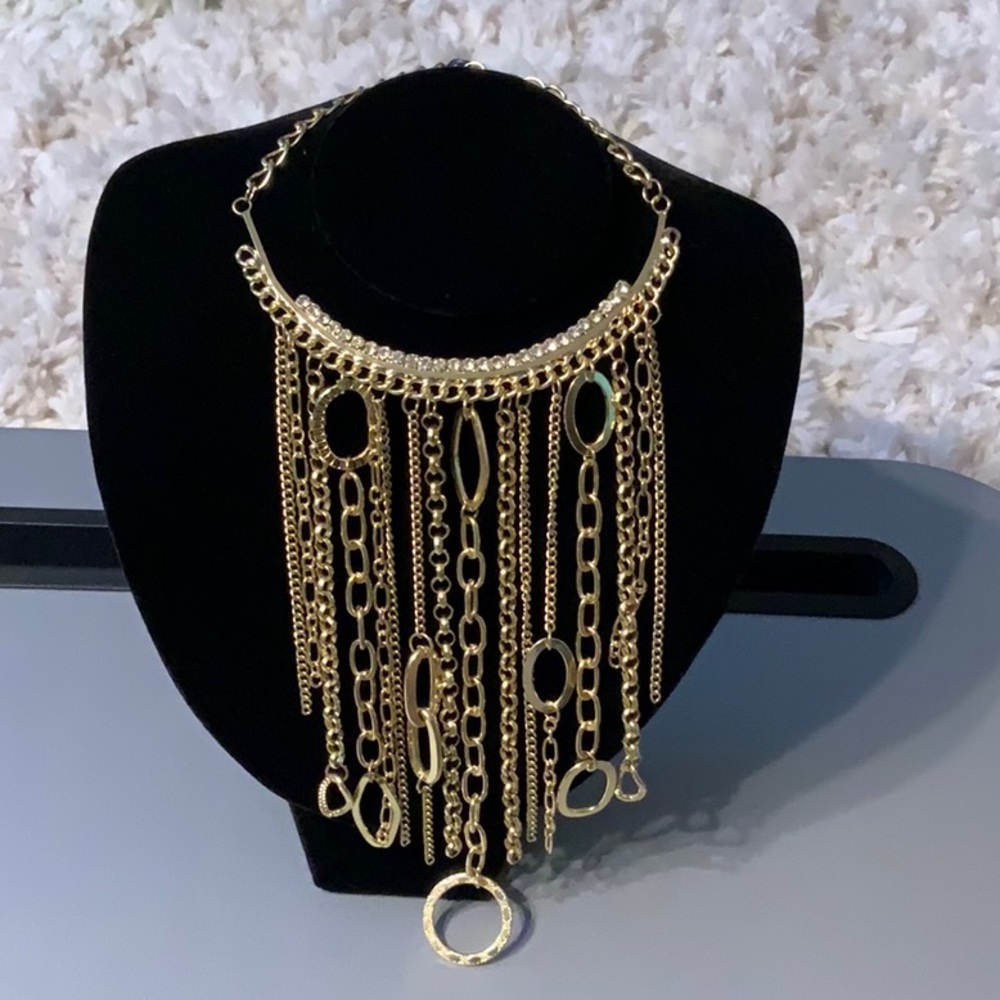 Gold and Rhinestones Dangle Statement Necklace